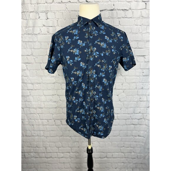 Monument Men’s Medium Short Sleeve Button Up Shirt Blue Floral 100%Cotton - Picture 1 of 6